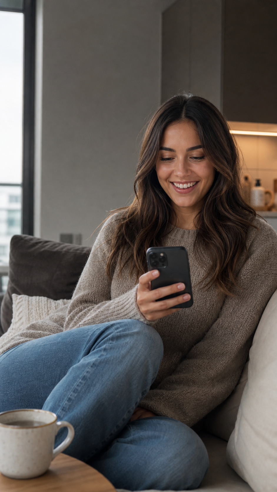 Client relaxing at home while booking a beauty appointment