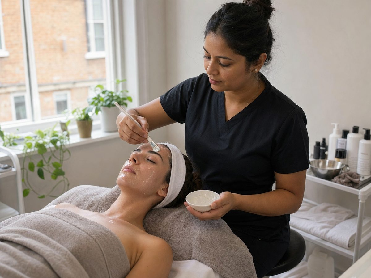 Beautician applying a facial treatment in a private treatment room