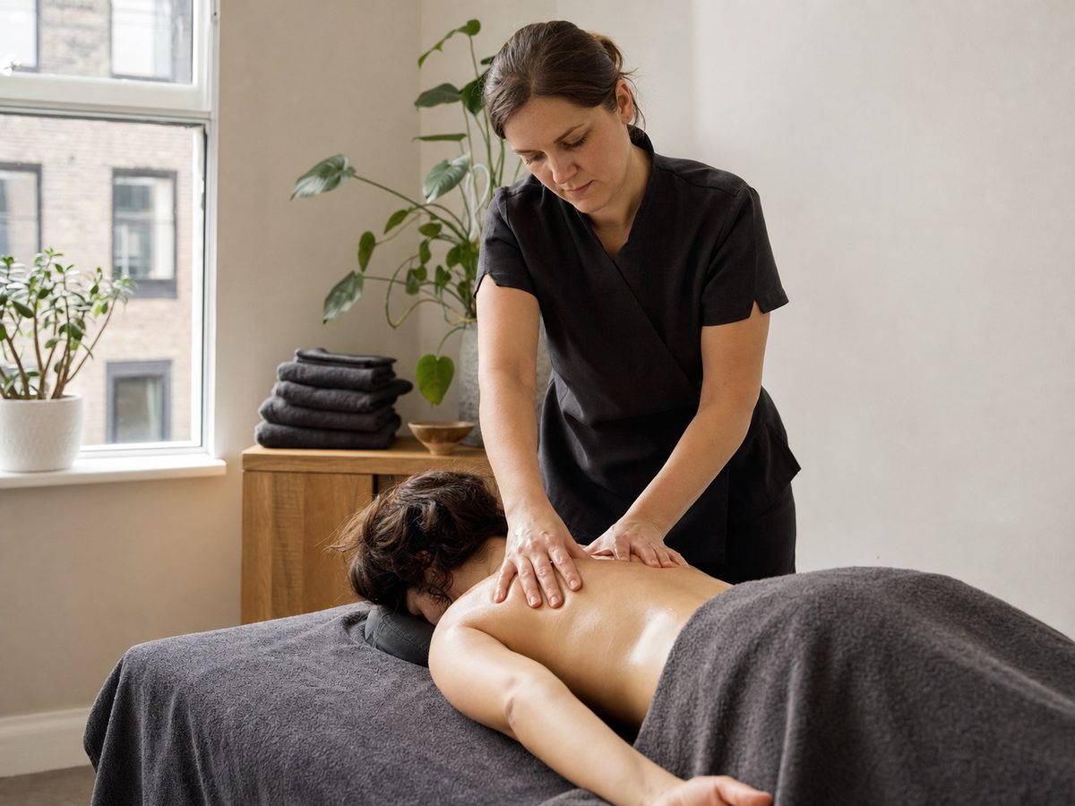 Massage therapist treating a client in a private treatment room